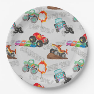 Monster Truck Stunts Waterverf Pattern Grey Papieren Bordje
