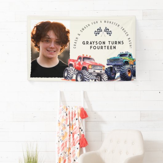 Monster Truck Thema Foto Verjaardagsfeest Spandoek (Insitu)
