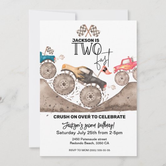 Monster Truck TWO FAST Uitnodiging 2e Verjaardag (Voorkant)