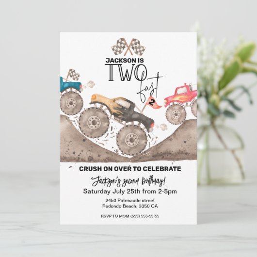 Monster Truck TWO FAST Uitnodiging 2e Verjaardag (Staand voorkant)
