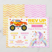 Monster Truck & Unicorn Joint Birthday Invitation (Devant / Derrière)