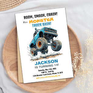 Monster Truck Verjaardag Uitnodigingen Blauw Wit