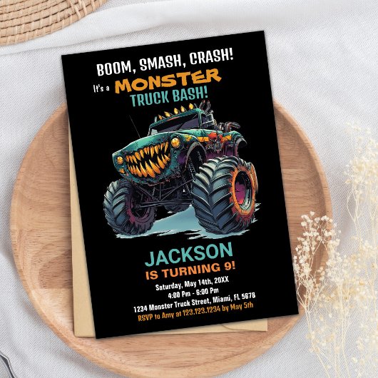 Monster Truck Verjaardag Uitnodigingen Groen Zwart