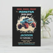 Monster Truck Verjaardag Uitnodigingen Zwart (Staand voorkant)