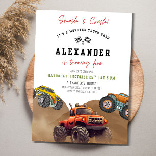 Monster Truck Verjaardagsuitnodiging, Smash en Cra