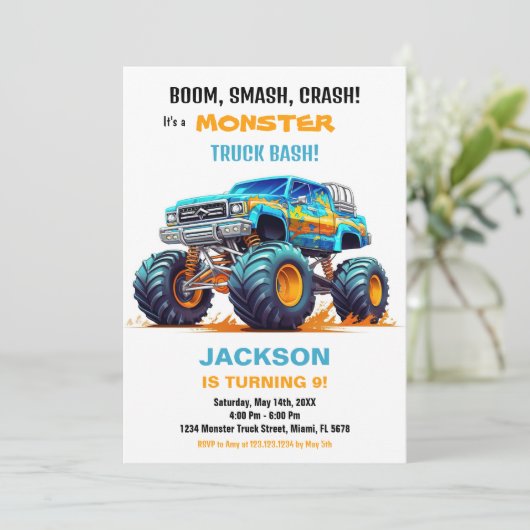 Monster Truck verjaardagsuitnodigingen Sinaasappel Kaart (Staand voorkant)