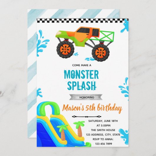 Monster Truck waterglijbaan zwembad Uitnodiging (Voorkant / Achterkant)