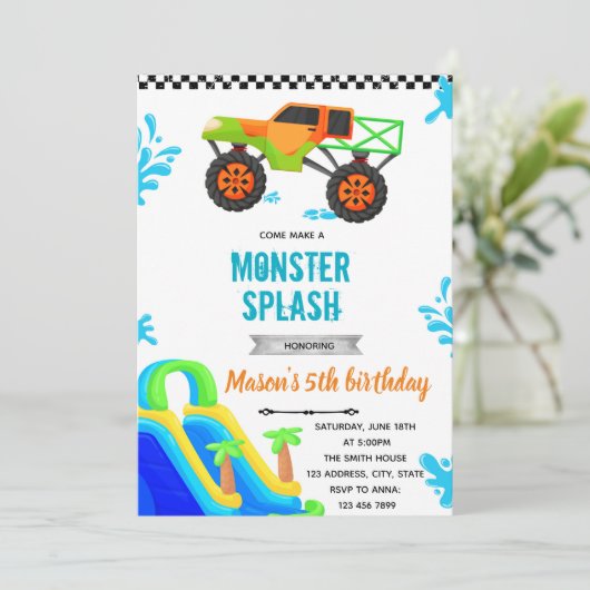 Monster Truck waterslide pool party Invitation (Debout devant)