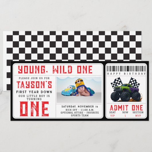 Monster Trucks 1st Birthday Ticket Invitation (Devant / Derrière)