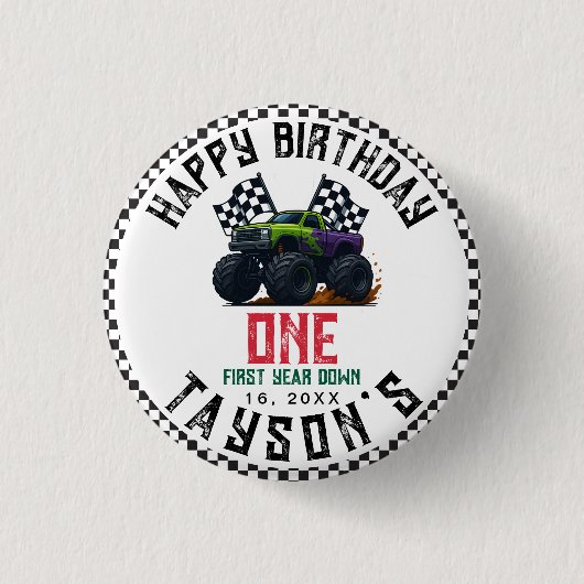 Monster Trucks 1st Birthday Vroom Party Ronde Button 3,2 Cm (Voorkant)