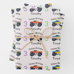 Monster Trucks Boy's Name & Age Verjaardag Inpakpapier Vel