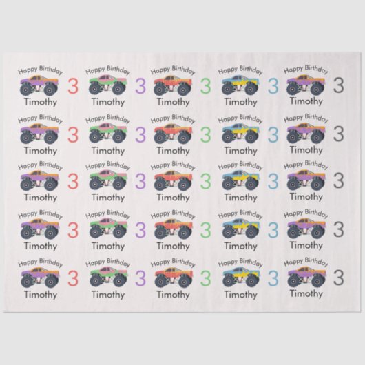 Monster Trucks Boy's Name & Age Verjaardag Tissuepapier (Voorkant)