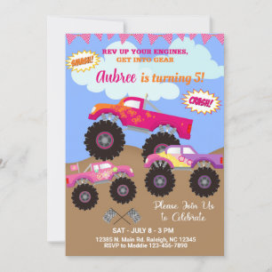 Monster trucks rose fille invitation anniversaire 