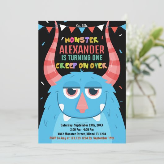 Monster Verjaardag Uitnodigingen Blauw Zwart (Staand voorkant)