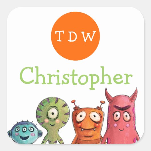 Monster Verjaardagsfeest Monogrammed Stickers (Voorkant)