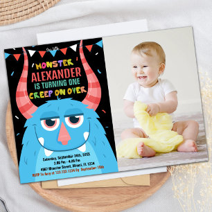 Monster verjaardagsuitnodigingen Blauw Zwart Foto Kaart