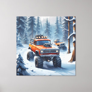 Monster vrachtwagens rijden in besneeuwd bos canvas afdruk