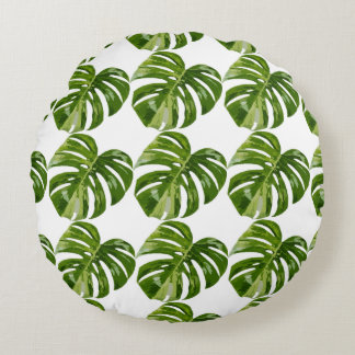Monstera Albo Leaf Pillow — Botanical Home Decor Rond Kussen