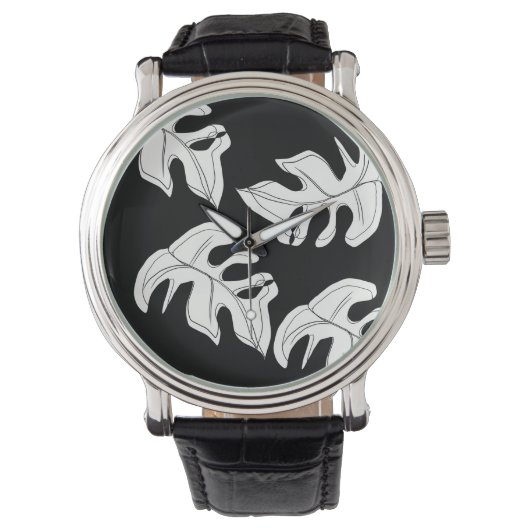 Monstera Black White Botanical Wedding Horloge (Voorkant)