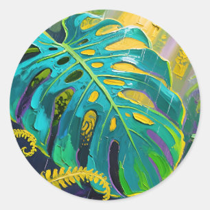 Monstera Blad Jungle Regen Ronde Sticker