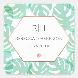 Monstera Blad & Roos Goud Vierkante Sticker