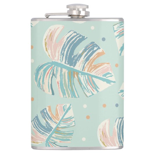 Monstera blad - Turquoise, Groen, Koraal, Mosterd Heupfles (Voorkant)