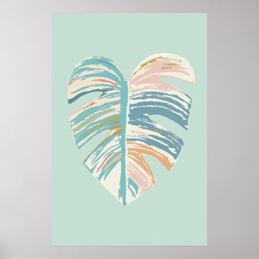 Monstera blad - turquoise, groen, koraal, mosterd poster (Voorkant)