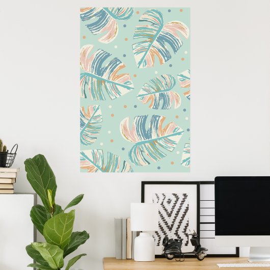 Monstera-blad - Turquoise, Groen, Koraal, Mosterd Poster (Thuiskantoor)
