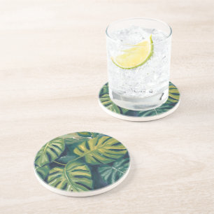 Monstera Bladeren Botanische Aquarel Zandsteen Onderzetter