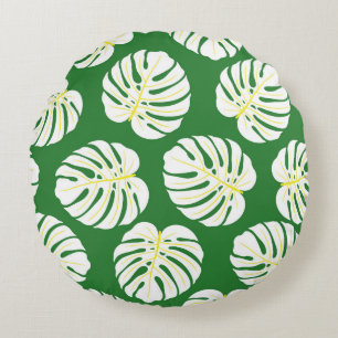 Monstera bladeren, donkergroen . rond kussen
