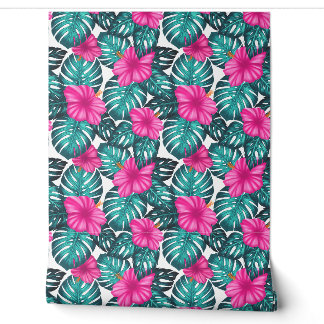 Monstera bladeren en Hibiscus Blauwgroen en Roze Behang