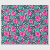 Monstera bladeren en Hibiscus Blauwgroen en Roze o Cadeaupapier (Vlak)
