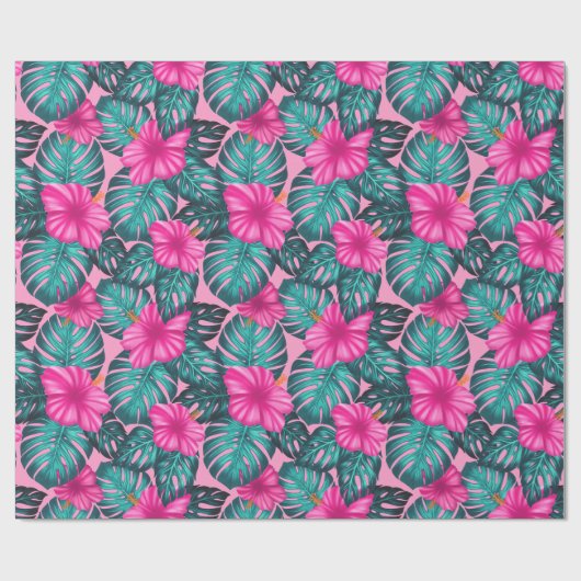Monstera bladeren en Hibiscus Blauwgroen en Roze o Cadeaupapier (Vlak)