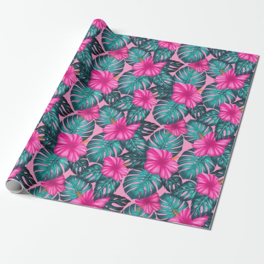 Monstera bladeren en Hibiscus Blauwgroen en Roze o Cadeaupapier (Uitgerold)