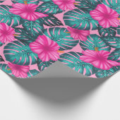 Monstera bladeren en Hibiscus Blauwgroen en Roze o Cadeaupapier (Hoek)