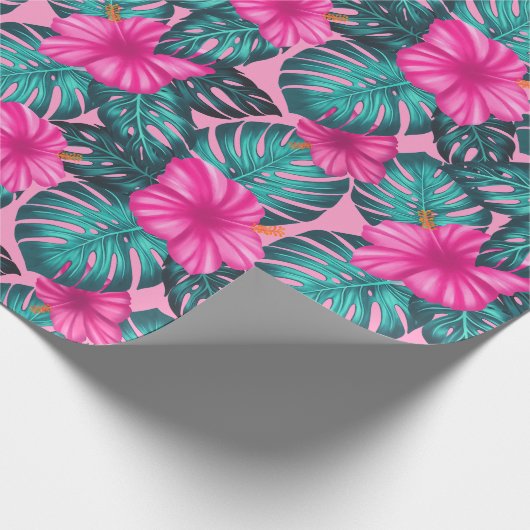 Monstera bladeren en Hibiscus Blauwgroen en Roze o Cadeaupapier (Hoek)