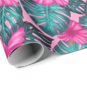 Monstera bladeren en Hibiscus Blauwgroen en Roze o Cadeaupapier (Rol Hoek)
