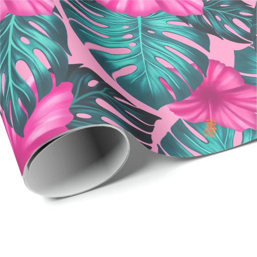Monstera bladeren en Hibiscus Blauwgroen en Roze o Cadeaupapier (Rol Hoek)