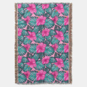 Monstera bladeren en Hibiscus Blauwgroen en Roze o Deken (Voorkant Verticaal)