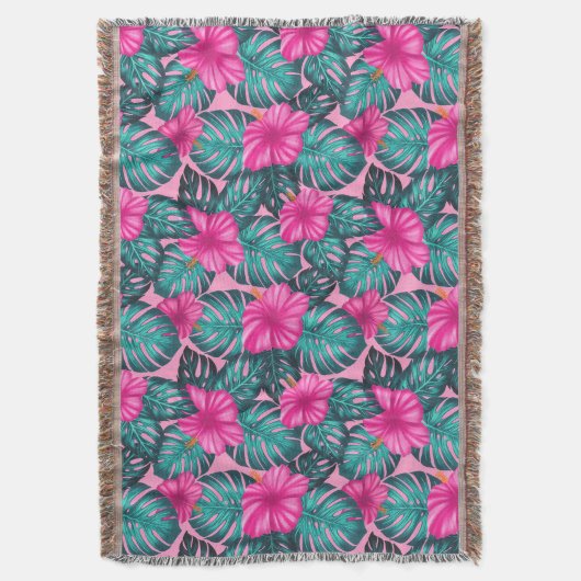 Monstera bladeren en Hibiscus Blauwgroen en Roze o Deken (Voorkant Verticaal)