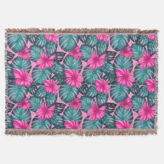Monstera bladeren en Hibiscus Blauwgroen en Roze o Deken (Voorkant)