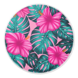 Monstera bladeren en Hibiscus Blauwgroen en Roze o Keramische Knop