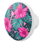 Monstera bladeren en Hibiscus Blauwgroen en Roze o Keramische Knop (Rechts)