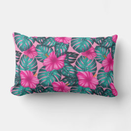 Monstera bladeren en Hibiscus Blauwgroen en Roze o Kussen