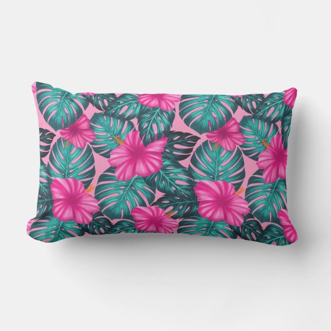 Monstera bladeren en Hibiscus Blauwgroen en Roze o Kussen (Voorkant)