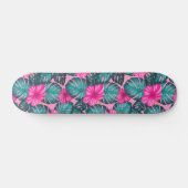 Monstera bladeren en Hibiscus Blauwgroen en Roze o Skateboard (Horizontaal)