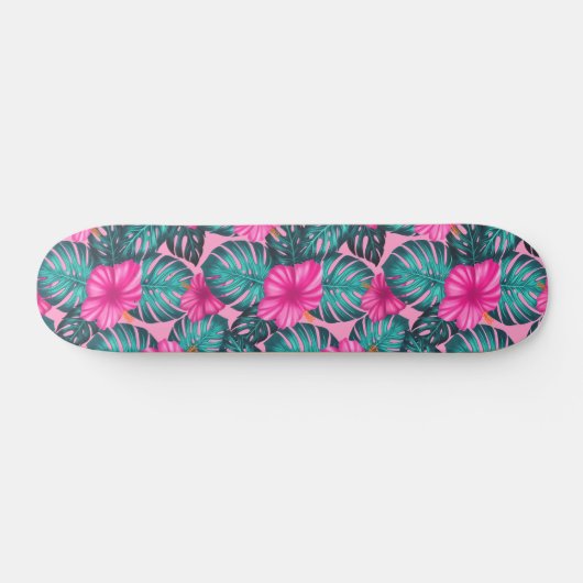 Monstera bladeren en Hibiscus Blauwgroen en Roze o Skateboard (Horizontaal)