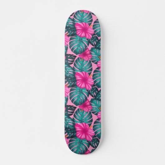 Monstera bladeren en Hibiscus Blauwgroen en Roze o Skateboard (Voorkant)
