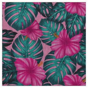 Monstera bladeren en Hibiscus Blauwgroen en Roze o Stof