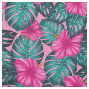 Monstera bladeren en Hibiscus Blauwgroen en Roze o Stof